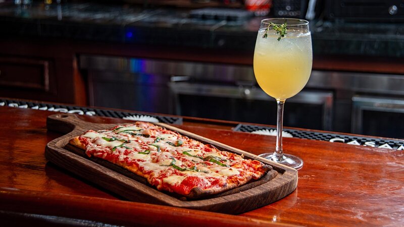 Flatbread pizza with cocktail